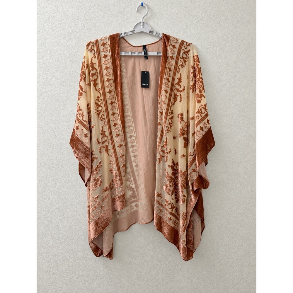 Torrid Rust Orange Velvet Kimono Wrap Burnout Floral Boho One Size NWT